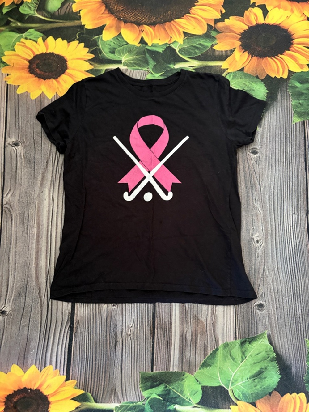 Black Tee with Pink Awareness Ribbon and White Field Hockey Design